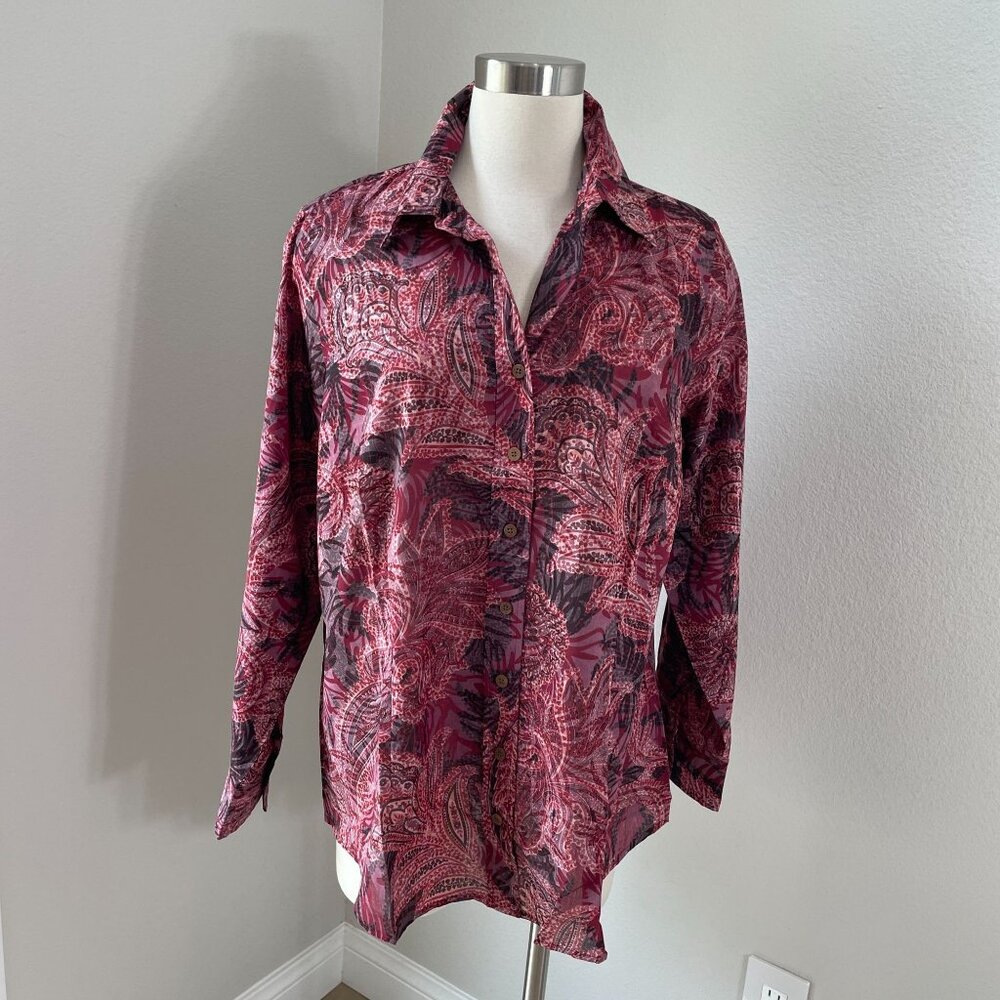 Coldwater Creek Womens Plus 1X Button Up Paisley Blouse Long Sleeve Shirt‎ Top